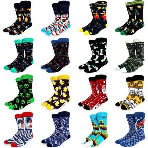 Men Crew Happy Socks Funny Men Socks Harajuku Bicycle racing chemical symbol alien chess shark Novelty Combed Cotton Socks