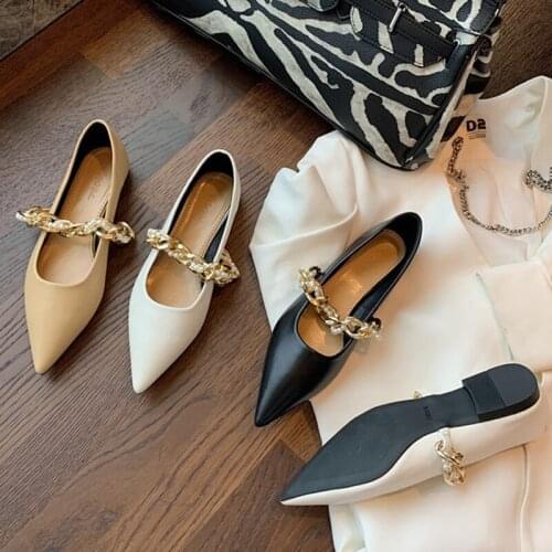 2021 New Women Flats Spring Pointed Toe Ladies Shallow Loafers Fashion Chain Pearl Female Slip On Woman Causal Moccasins Shoes