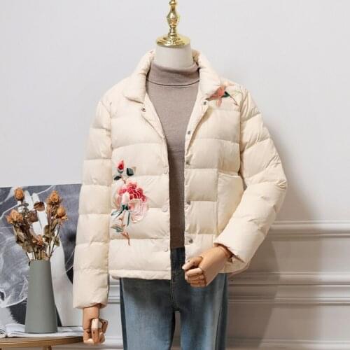 New Women Warm Embroidery Down Jacket White Duck Autumn And Winter Coats Female Fashion Clothing