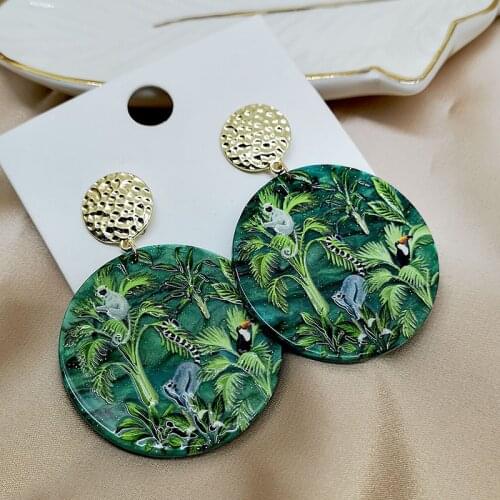 New Fashion Embossed Print Big Round Acrylic Earrings Exaggerated Jewelry Green Rainforest Plant Animal Tree Leaves Earrings