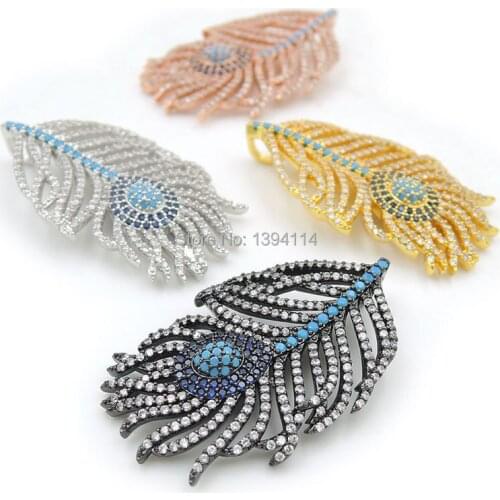 42*25*10mm Micro Pave Kallaite&Clear&Blue CZ Feather Charms Fit For Men And Women Making Necklaces Jewelry