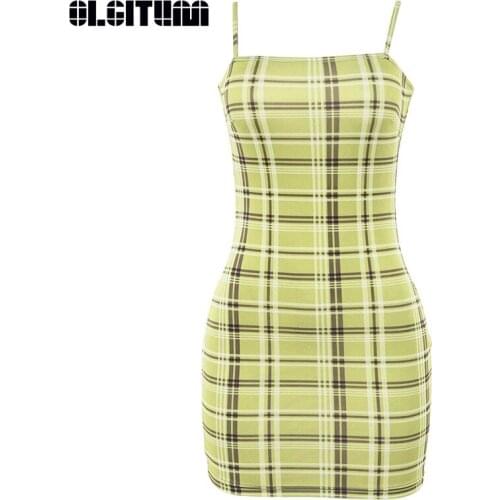 New 2020 Spring Summer Sling Pencil Dress Bag Hip Stitching Plaid Sexy Slim Elastic Waist Plaid Dress DR921