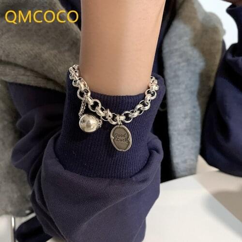 QMCOCO 925 Silver Bracelet Trendy Rock Hip-Hop Vintage Do Old Creative Good Luck Thick Chain Tassel Beads Party Jewelry Gifts