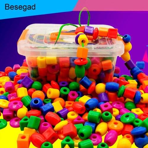 Besegad 1 Set Colorful Wooden String Lacing Bead with 3 Laces for Children Jewelry Making Creative DIY Beads Toy Educational Toy