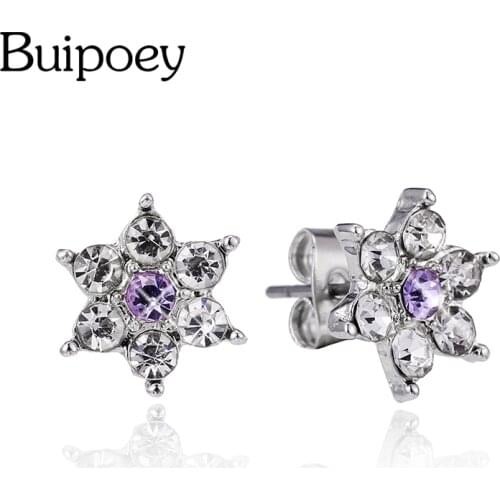 Buipoey Shiny Crystal Flower Earrings For Women Girl Fine Purple Stud Earrings Jewelry Friends Couple Birthday Gift Anti Allergy