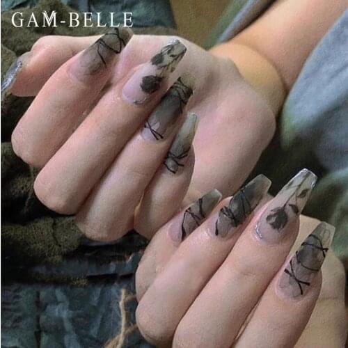 GAM-BELLE Super Long Fake Nails Coffin Matte Black Rose Graffiti Designs Full Cover Artificial Press On Nails Decoration Tools