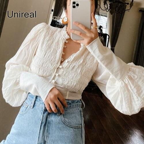 Unireal 2021 Spring New Vintage Women White Blouse Shirt Long Sleeve Sexy Blouse Tops