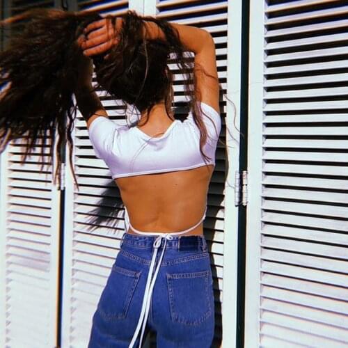 2020 Spring Women Sexy Cotton Short Sleeve Tshirt Summer Pullover Backless Crop Top Tees Solid White Top Tees T-shirts Women