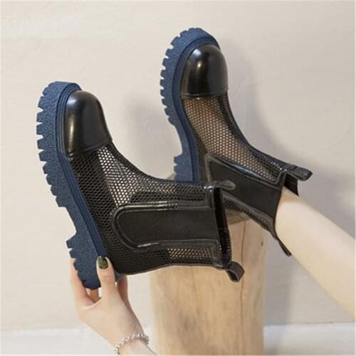 New Spring Summer Women Ankle Boots Breathable Hollow Out Mesh Ladies Outdoor Cool Motorcycle Bootas Female High Top Shoes 35-40
