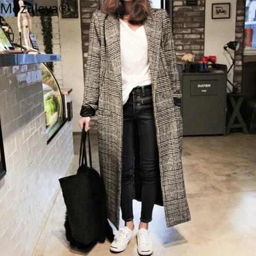 Winter Cashmere Trench Overcoat Women Long Casual Plaid Coat Thickness Warm Woolen Coat Button Pocket Jackets Outwear