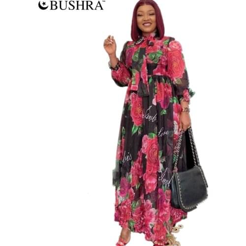 Bushra African High Waist Kanga Dresses For Women 2021 New Summer Elegant Gown Flowers Printed Dashiki Long Dress Ladies