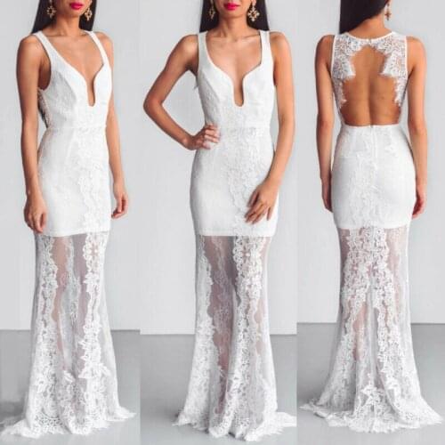 Womens Sexy V-neck Backless Lace Dress Cocktail Party Ball Gown Dress