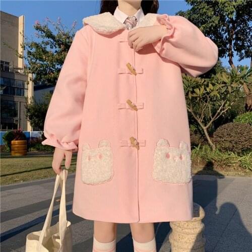 Autumn Winter Women Sweet Lolita Wool Coats Cartoon Embroidery Puff Sleeve Outwear Girl Turn-down Collar Bear Ears Warm Jackets