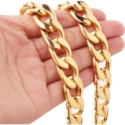 13/15mm High Quality Trendy 316L Stainless Steel Gold Tone Cut Cuban Curb Chain Mens Unisexs Necklace Or Bracelet Jewelry 7"-40"
