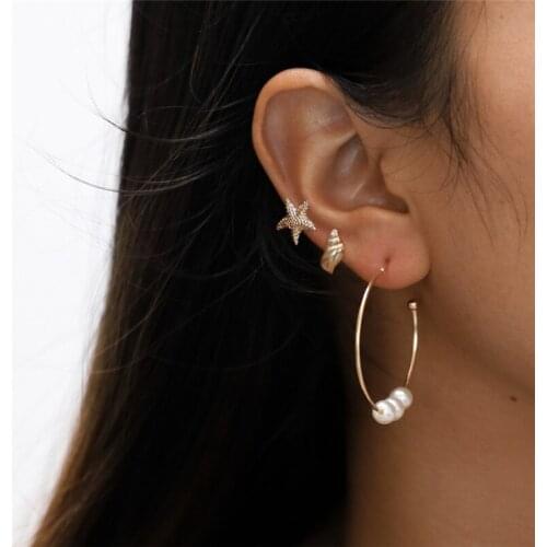 3 Pair/Set Imitation Pearls Golden Geometric Conch Shell Starfish Stud Earrings Set for Women Beach Party Jewelry Accessories