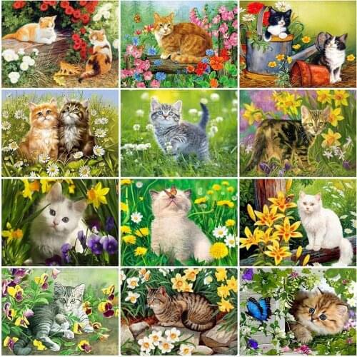 5D Diy Diamond Embroidery Cat and Flower Full Square Diamond Painting Animals Pictures of Rhinestones Home Decoration Gift