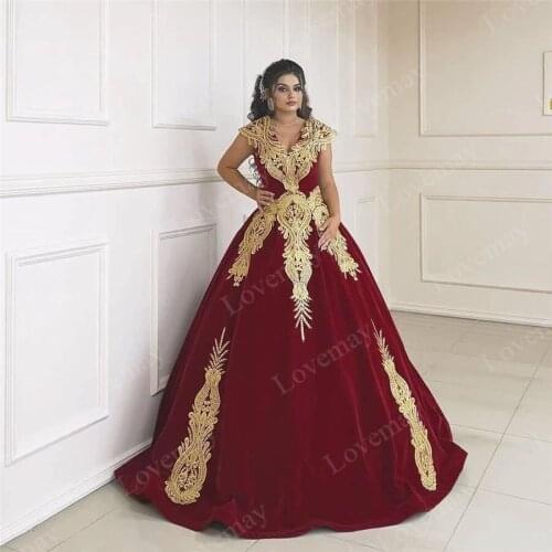 Burgundy A Line Karakou Algerian Evening Dresses Sleeveless V neck Muslim Velvet Prom Dress Appliques Lace Party Gowns