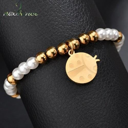 Nextvance Stainless Steel Ladybug Wrap Bracelet Simulated Pearl Insect Bracelet for Kids Gift Drop Shipping