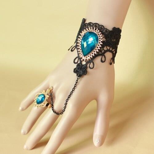 Black Sexy Lace Crystal Peacock Blue Female Bracelet with Ring New Foreign Trade Hand Jewelry