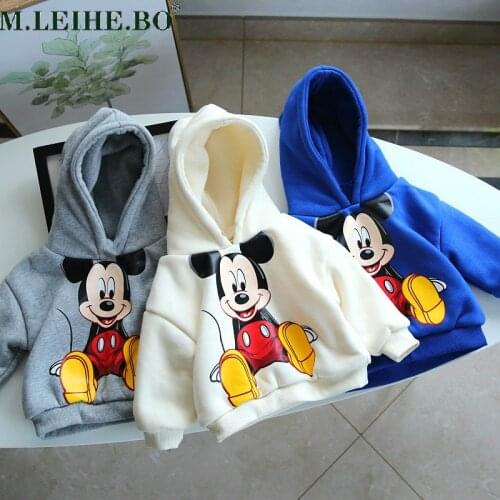 2021Childrens Hooded Sweater Autumn and Winter Plus Velvet Boys and Girls Cartoon Mickey Warm Jacket Tops Baby Bottoming Shirt