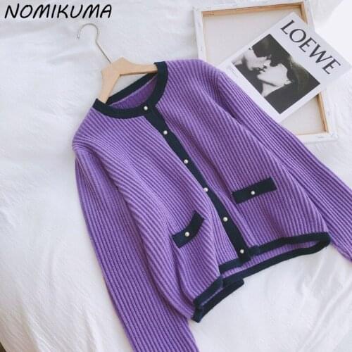 Nomikuma Cardigans Women Korean Contrast Color Sweater Coat 2021 Autumn Winter Long Sleeve O-neck Fashion Knitwear Jacket 6L918