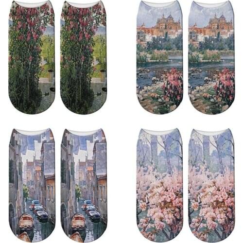 3D Printed Landscape Street Painting Short Socks Summer Women Colorful Flower Monet Van Gogh Oil Painting Ankle Socks Calcetines