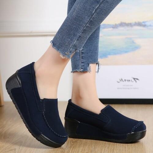 Genuine Leather Fashion Flat Platform Shoes Women Sneakers Black 2020 Cow Suede Leather Mid Heel Slip-On Casual Shoes 40
