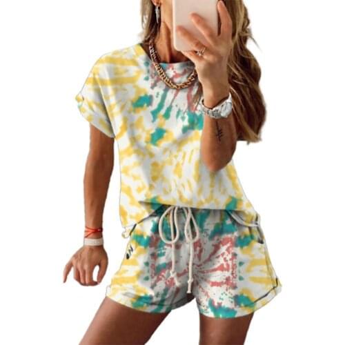Summer Women Two Pieces Set Outfit Short Sleeve Tie Dye T-shirt Pockets Shorts Sports Streetwear Summer Women vestido de muje