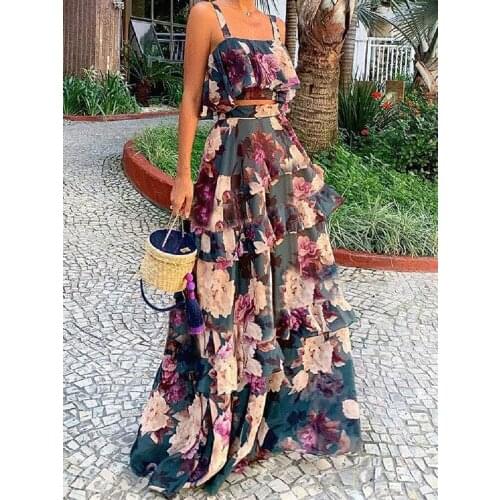 Summer womens mid long skirt casual cotton 2021 new fashion Decor suspender two piece sleeveless breast wrapped cake skirt