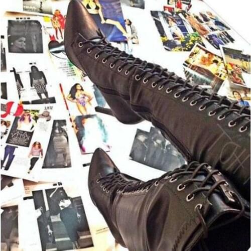 Hot Selling Black Leather Over The Knee Boots Pointed Toe Lace-up Tight High Boots Cut-out Winter Dress Shoes Big Size 10