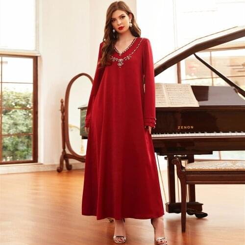 Mandylandy Robe Abaya Turkey Party Robe Velvet Satin Muslim Dress Wine Red Hand-Stitched Diamond Islam Clothing Kaftan Dress