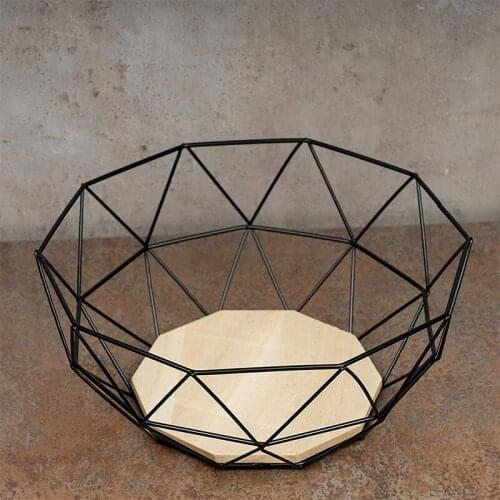 Metal Fruit Storage Bowls Kitchen Egg Baskets Holder Wooden Base Geometric Design Organizer Nordic Minimalism Storage Container