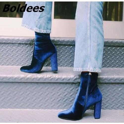 Fashion Women Soft Velvet Dark Blue Block Heels Ankle Boots Trendy Round Toe Side Zip Boots Celebrities in Same Hot Selling