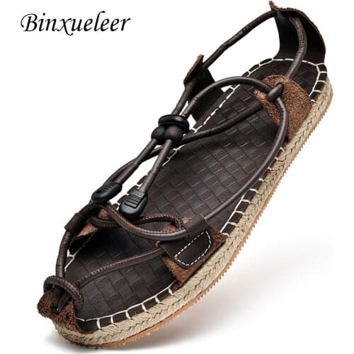 Men Sandals Leather Summer Shoes Men Sandals Gladiator Lace Cork Sandals 2019 Flat Close Shoes New