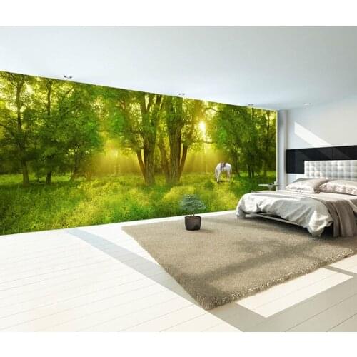 Bacaz Custom 3D Wall Mural Wallpaper Home Decor Green Forest And White Horse Nature 3D Photo Wall Paper For Living Room Bedroom