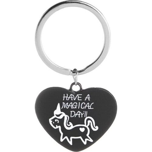 2019 New Heart-shaped HAVE A MAGICAL DAY Animal Unicorn Keychain Black Alloy Dripping Oil Simple Pendant Keychain Jewelry Gifts