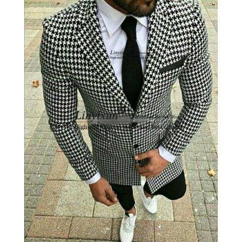 New Houndstooth Mens Blue Double Breasted Slim Fit Mens Blazer Party 2 Piece(Jacket+Pant) Suit Wedding Groom Peak Lape Suit