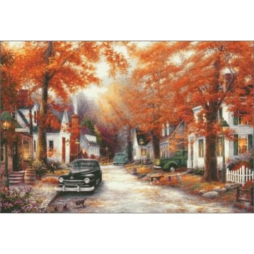 Autumn Street Roadside House Cross Stitch Kits Needlework 14CT Unprinted Embroidery Top Quality Counted DIY Handmade Decoration