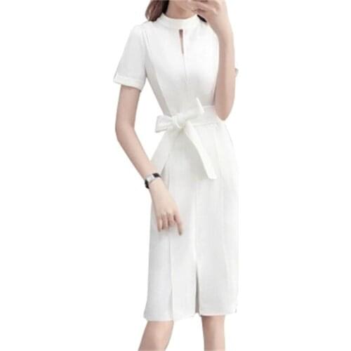 White Dress womens Short-sleeved dress female summer New fashion high-end ladies temperament bow dress women