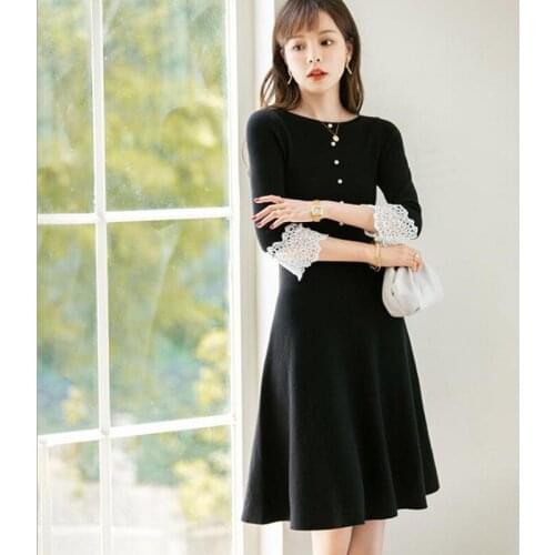 Free shipping/autumn women dress fashion designer clothes three quarter sleeve sexy black knitting dress o-neck european style