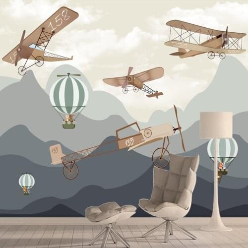 Custom Cartoon Mountain Plane Balloon Walls Papers Home Decor Nursery Self Adhesive Wallpapers for Living Bed Room Kids Murals