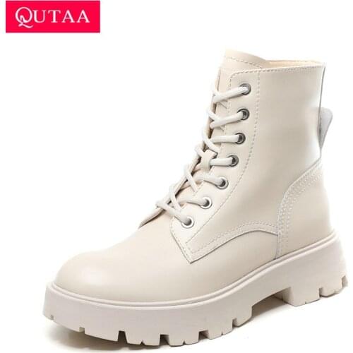 QUTAA 2022 Women Ankle Boots Genuine Leather Motorcycle Boots Round Toe Lace Up Shoes Thick Med Heel Ladies Autumn Winter 34-40