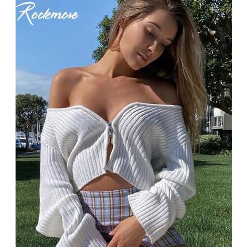 Rockmore Open Stitch Ribbed Low Cut Sexy Tshirts For Women Plus Size Street Wear Crop Tops Long Sleeve Casual White Autumn Shirt