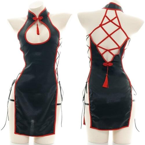 Sexy sexy open chest strappy cheongsam uniform cosplay bandage maid nightdress game uniform hollow anime underwear slut clothes