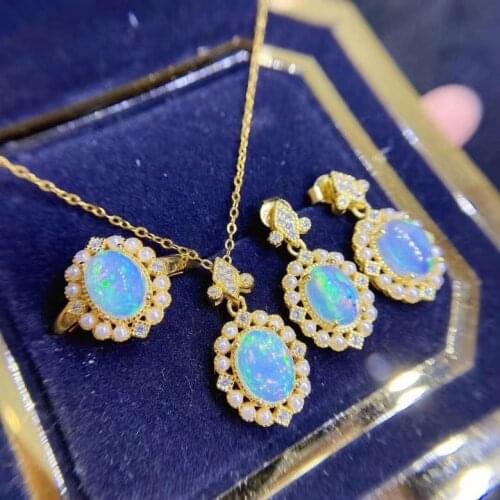 Vintage 18K Gold Flower Lab Opal cz Jewelry set 925 Sterling Silver Party Wedding Rings Earrings Necklace For Women Jewelry
