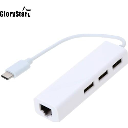 USB 3.1 Type C to 3 Port USB 2.0 HUB RJ45 Ethernet Network LAN Port Data Sync Charging Adapter for Macbook 12" Google Chromebook