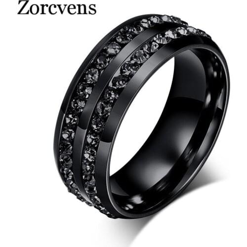 Modyle High Quality Male Punk Vintage Black Stainless Steel Jewelry Two Rows CZ Stone Wedding Ring for Man Woman