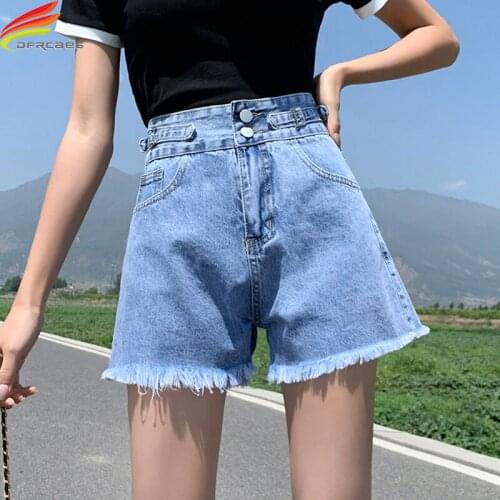 Summer 2021 New Womens Denim Shorts High Waist Wide Leg Loose Burrs Sky Blue Street Style Sequined Buttons Jean Shorts Female