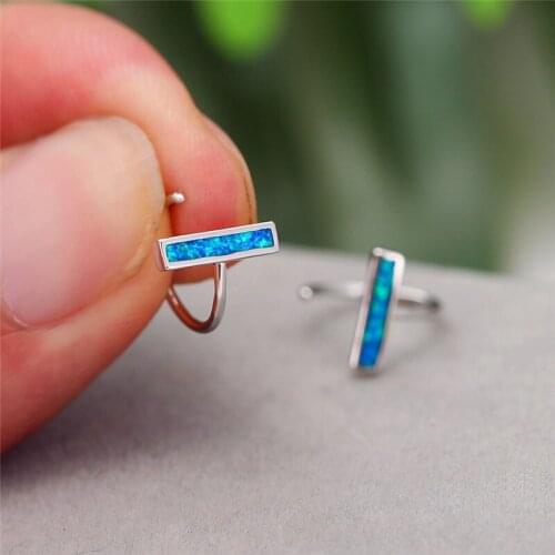 Blue White Fire Opal Hook Earrings Geometric Opening Round Stud Earrings For Women Vintage Silver Color Simple Fashion Earrings