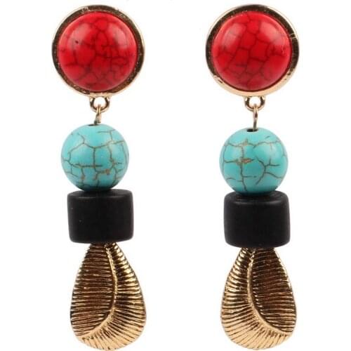 Imitation Stone Bead Alloy Metal Leaf Pendant Drop Dangle Earrings for Women 2021 New Wholesale Vintage Statement Earrings